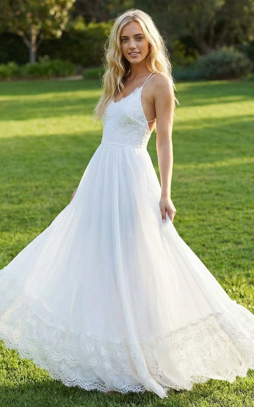 Vestido de novia bohemio sin mangas de encaje y gasa
