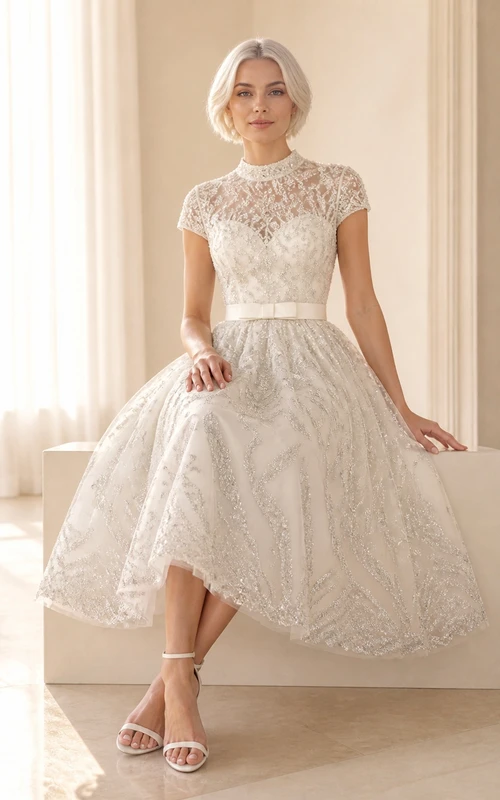 Modest Older Mother Tea-length High Neck Lace Cap Sleeve Dress