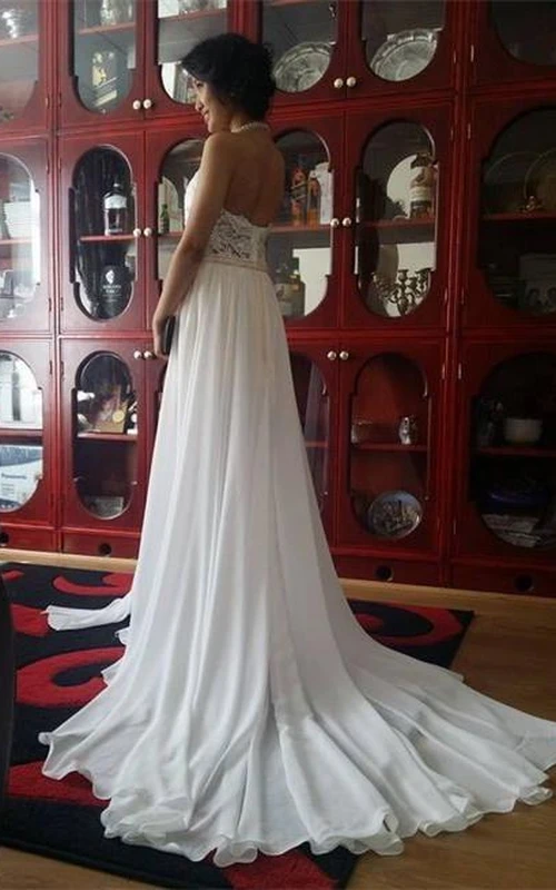 Nuevo vestido de fiesta elegante de cuello alto, largo, con pedrería, gasa y apliques de encaje.