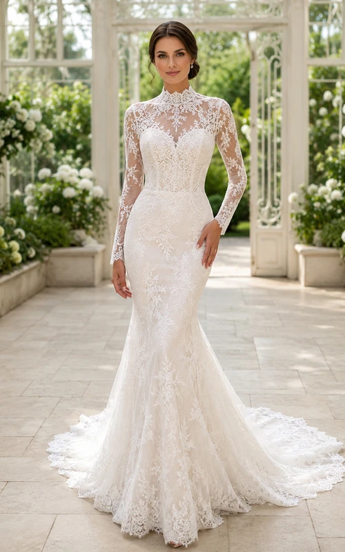 Modest High Neck Long Sleeve Allover Lace Mermaid Illusion Back Chapel Gown