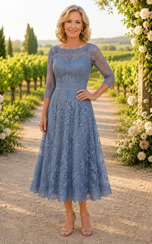 Robe de mère bleu acier, longueur thé, dentelle bateau, coupe trapèze, longueur thé