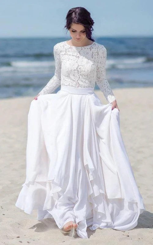 Robe de mariée en mousseline de soie, satin et dentelle avec boutons et fermeture éclair