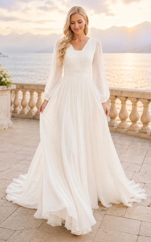 Vestido de novia de gasa con escote en V, corte imperio, manga larga abullonada, estilo corte A, cola de la corte.