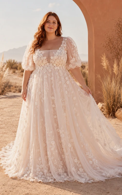 Vestido de novia de talla grande color marfil con escote cuadrado, mangas abullonadas y encaje, corte en A