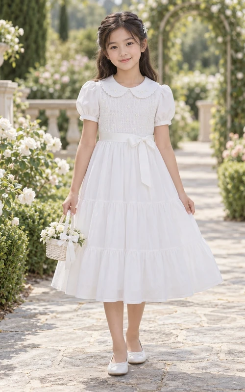 Vestido de niña de flores blanco vintage de corte A con mangas abullonadas, escote en V, lazo en la cintura y cuello Peter Pan, hasta la rodilla.