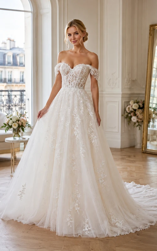 Robe de bal en dentelle florale à épaules dénudées et manches courtes, avec traîne chapelle et bord festonné.