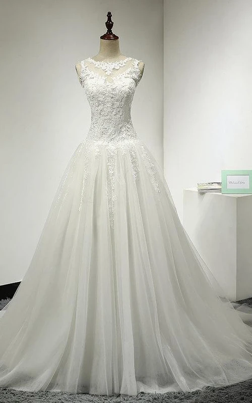 Tulle and Lace A-Line Sleeveless Bridal Dress With Jewel Neckline and Keyhole Back