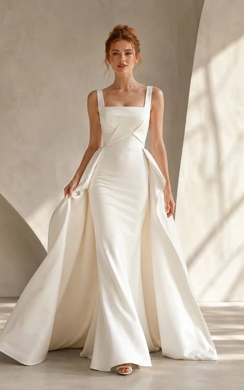 Robe de mariée minimaliste en satin, coupe sirène, col carré, sans manches, traîne.