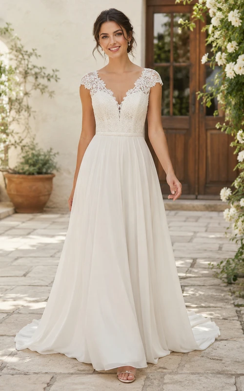 Affordable V Neck Lace Chiffon Wedding A Line Cap Sleeve Court Train