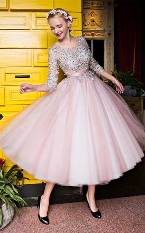 Vestido de tul de largo midi con escote redondo y mangas de encaje (3-4 mangas)