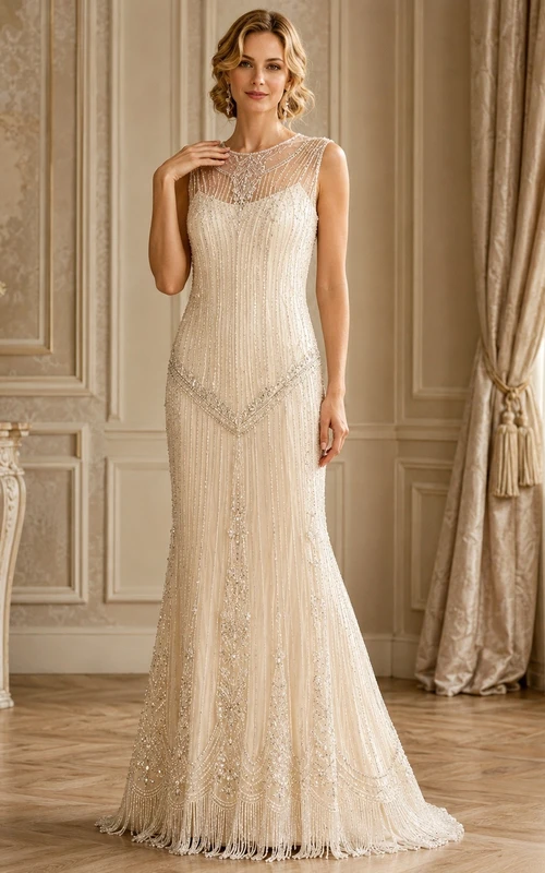 Vestido de novia vintage de lujo con escote joya, lentejuelas y cuentas color champán.