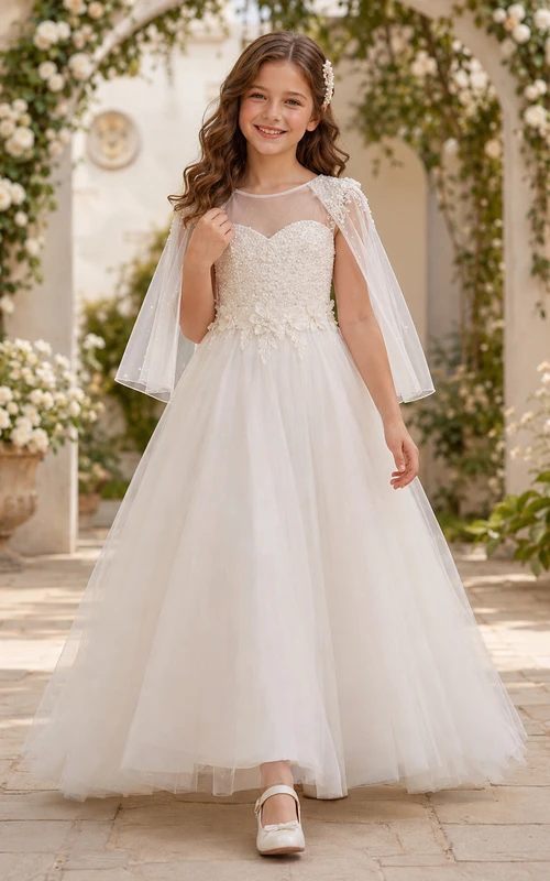 Illusion Sweetheart Cape Sleeve Lace First Communion Ballkleid