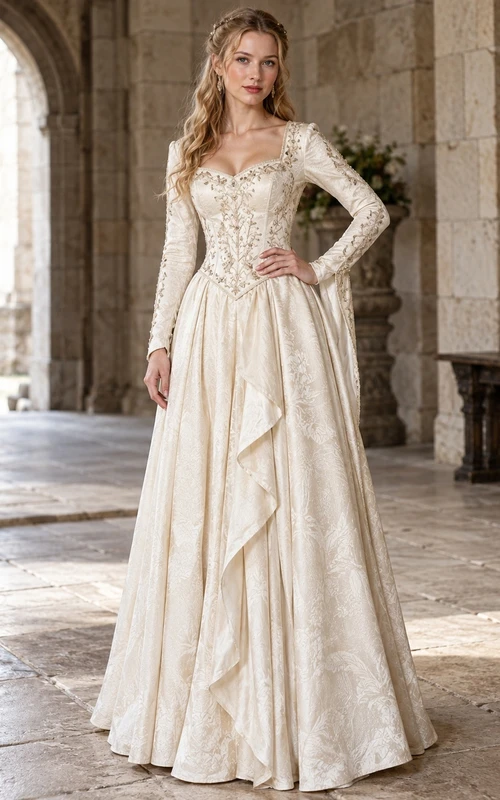 Robe de mariée Renaissance à manches longues et bustier cœur en brocart avec corset