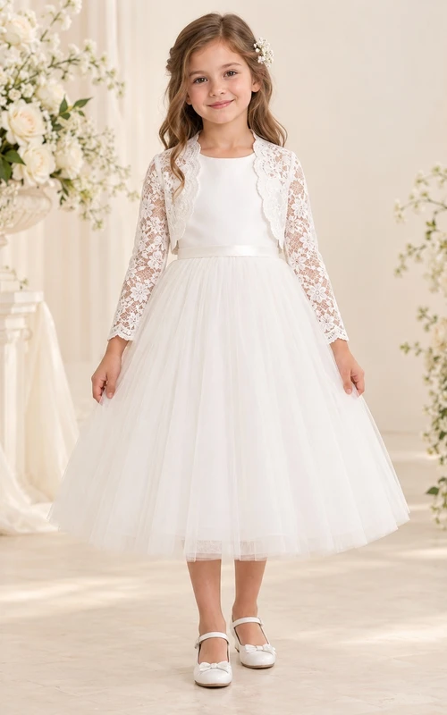 Vestido de niña de flores blanco de corte A, largo hasta la rodilla, manga larga, encaje y tul, bolero con cinturón.
