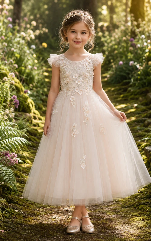 Flower Girl Dress Blush Satin A-Line Short Sleeve Jewel Neck Tea Length Bow Detail