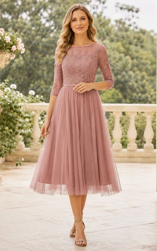 Robe mi-longue à empiècements en résille et col bateau rose poudré