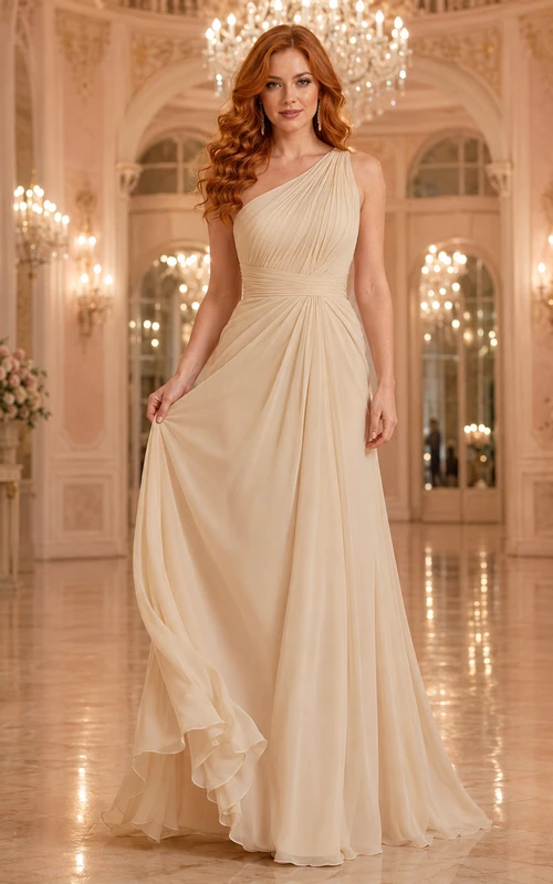 Champagnerfarbenes Chiffon-Abendkleid mit One-Shoulder-Ausschnitt und A-Linie