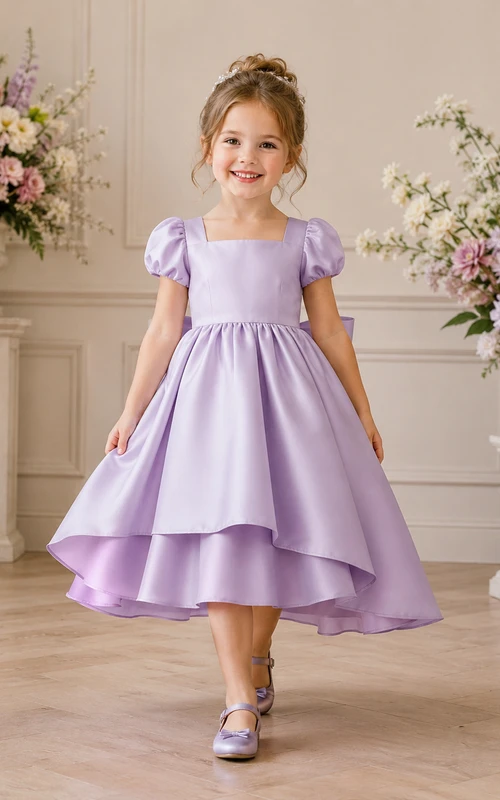 Flower Girl Dress Lavender Satin A-Line Short Sleeve Square Neck Tea Length Bow Detail