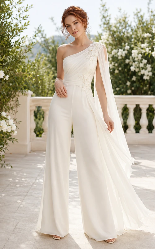 Combinaison de mariée ivoire asymétrique avec traîne en mousseline