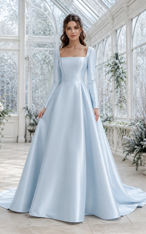 Robe de mariée bleu poudré en satin satiné, col carré, manches longues, coupe trapèze