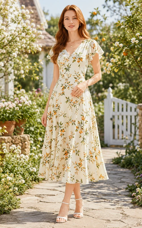 Orange Blossom Print V-Neck Flutter Sleeve Tea Dress
