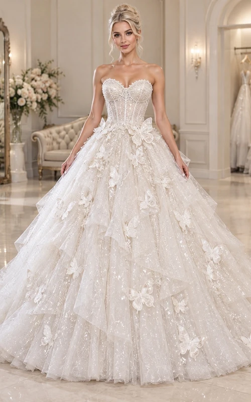 Strapless Sweetheart Wedding Ball Gown with Oversized Butterfly Appliques and Glittering Tulle Layers