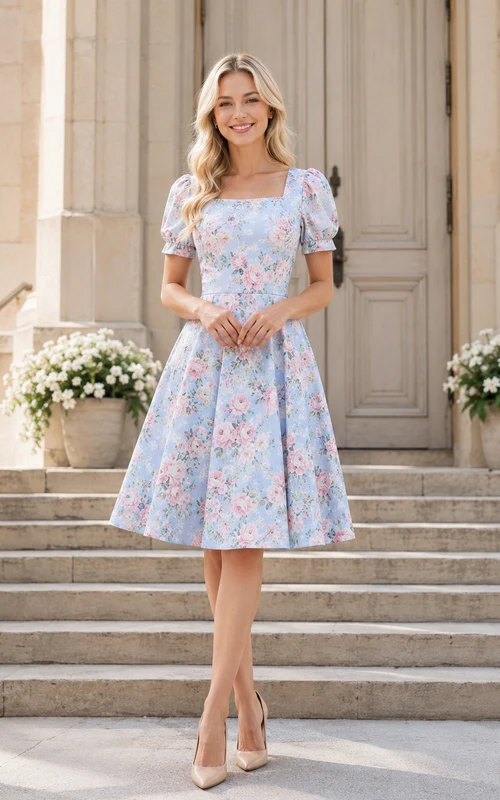 Light Blue Floral Square Neck Puff Sleeve Sunday Service Dress