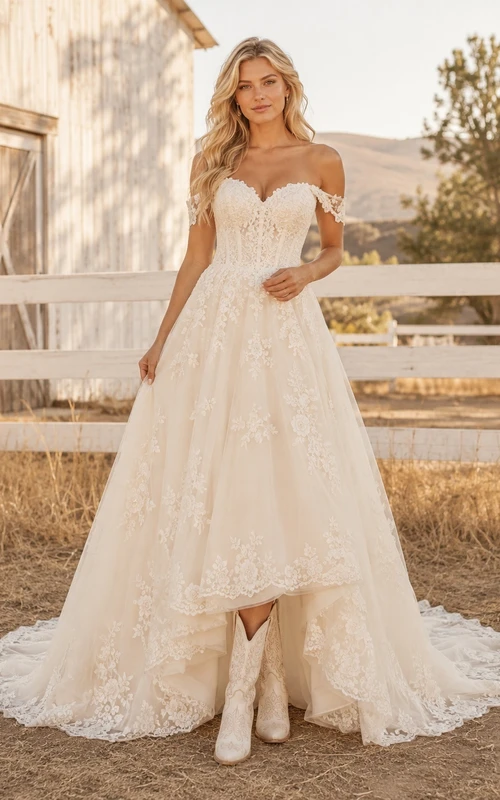 Boho-Brautkleid im Landhausstil mit schulterfreiem Schnitt, A-Linie, hohem Saum und Kapellenschleppe aus Spitze