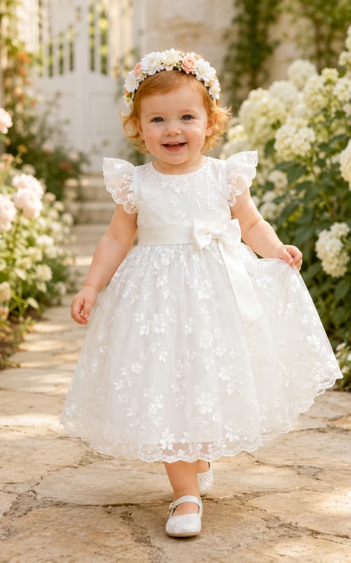 Baby Baptism Christening Ceremony Dress A-Line Tea-Length Jewel Neck Puff Sleeve Tulle Lace Floral Detail Bow Back Button Back