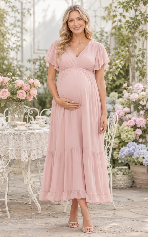 Vestido de fiesta de gasa rosa rubor rosa con escote en V, mangas con volantes y falda escalonada, largo hasta la rodilla.