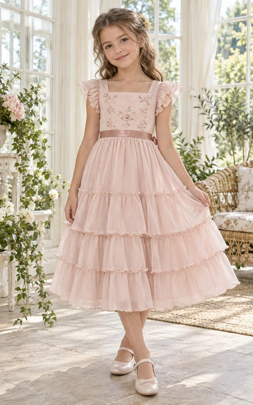 Vestido de niña de flores rosa con escote cuadrado, corte en A, tul y mangas con volantes, largo hasta la rodilla.