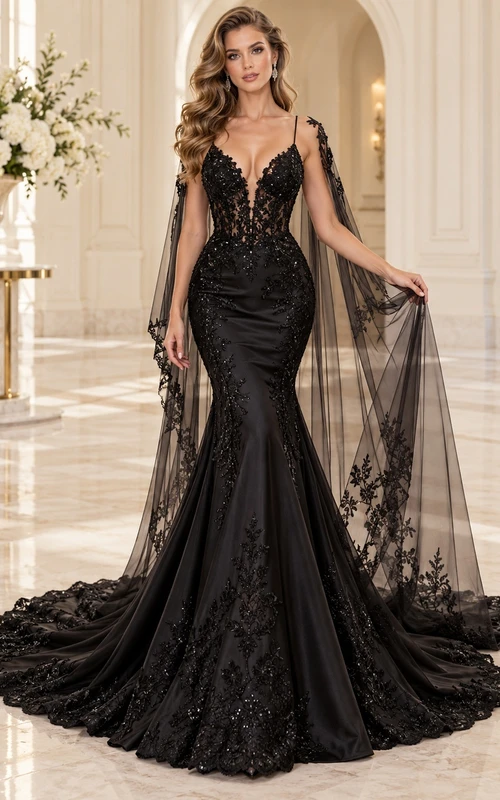 Black Mermaid V-Neck Lace Cape Train Bridal Wedding Dress