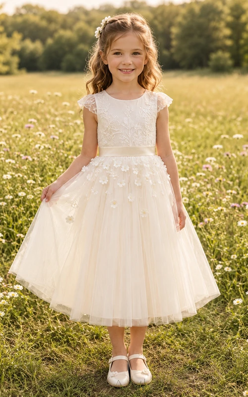Blumenmädchenkleid aus elfenbeinfarbener Spitze und Tüll, A-Linie, Rundhalsausschnitt, Teelänge, florale Applikationen