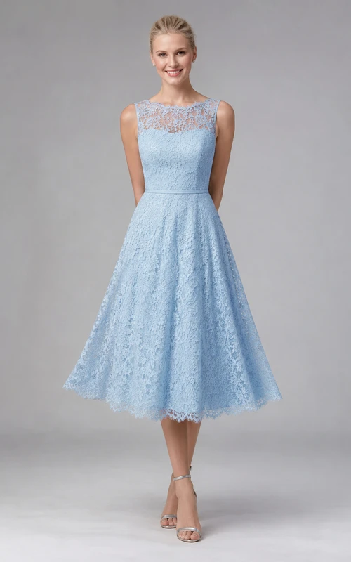 Blue Illusion A-Line Tea-Length High-Neck Sleeveless Lace Romantic Guest Dress
