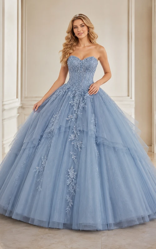 Slate Blue Luxury Strapless Sweetheart Floral Applique Tulle Princess Quinceanera Ball Gown