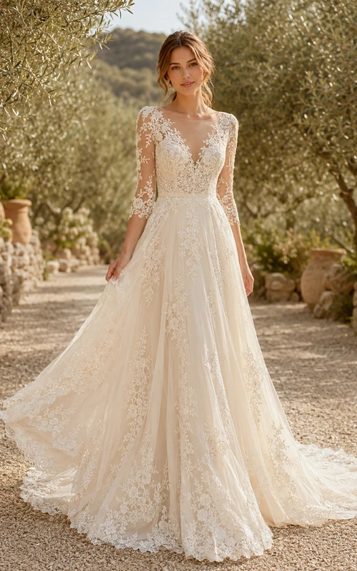Vestido de novia bohemio modesto de corte capilla con cuello alto, mangas largas de encaje ilusión y corte en A