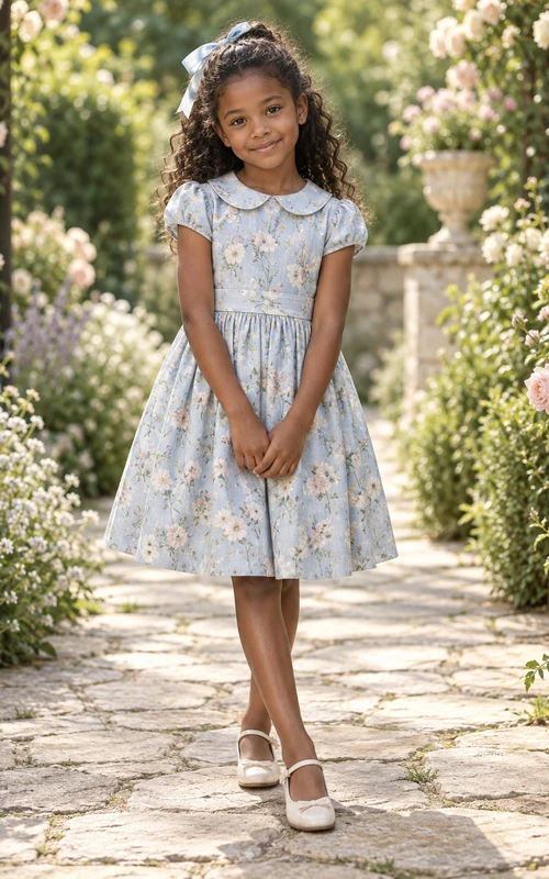 Knielanges, vintage-blaues Blumenkleid in A-Linie mit Puffärmeln und Peter-Pan-Kragen