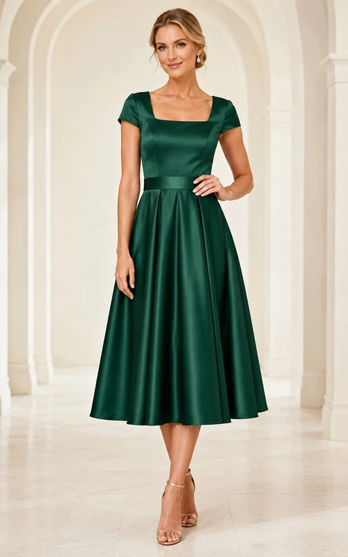 Robe de soirée en satin émeraude, manches courtes, col carré, coupe trapèze, longueur thé