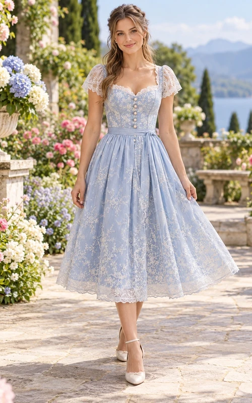 Vintage Sky Blue Sweetheart Lace Sleeve Button Dirndl Dress