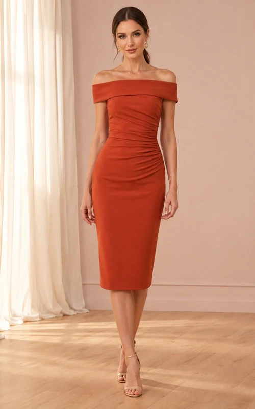 Robe fourreau orange à épaules dénudées, manches courtes et froncée en spandex, longueur thé