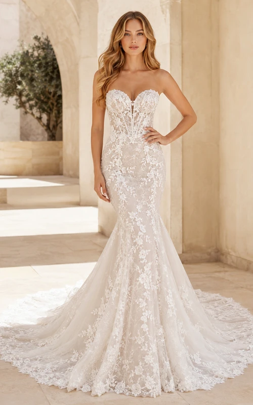 Robe de mariée sirène bustier en dentelle rayonnante, décolleté cœur, traîne chapelle, ornée d'appliques, style jardin.