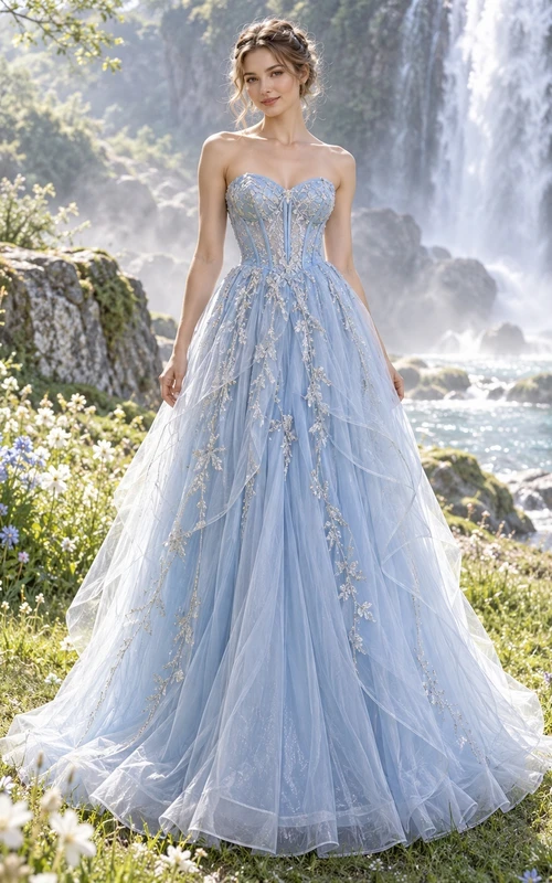Fairy Sky Blue Strapless Sweetheart Silver Floral Layered Prom Gown