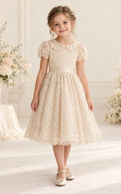 Knee-length Vintage Champagne Floral A-line Lace Puff-sleeve Scalloped Flower Girl Dress