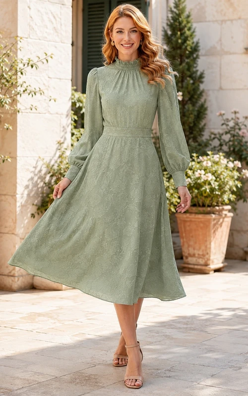 Sage Chiffon Jewel-Neck Long-Sleeve Bohemian Tea-Length Guest Dress