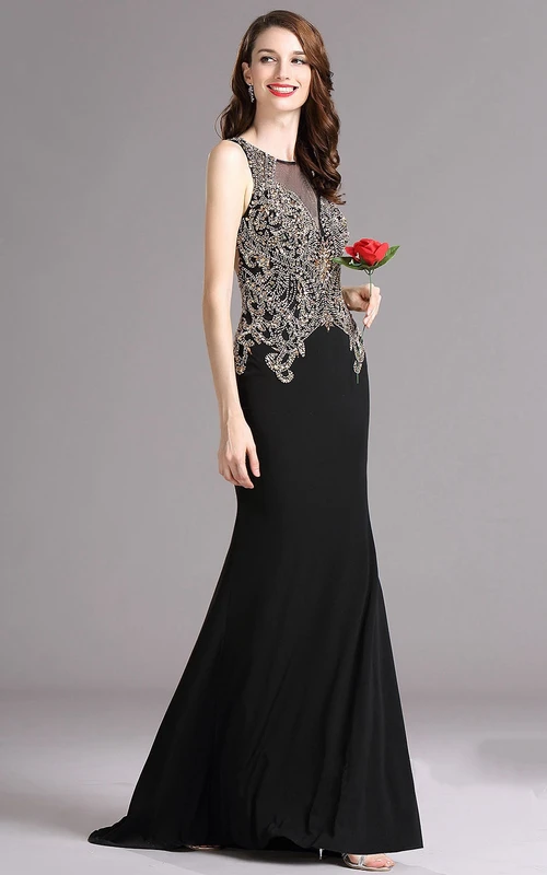Etuikleid, bodenlang, ärmellos, Jerseykleid mit Perlenstickerei und Schlüssellochausschnitt