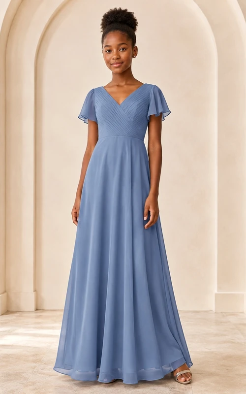 Vestido de dama de honor juvenil azul acero, corte en A, escote en V, mangas cortas tipo pétalo.
