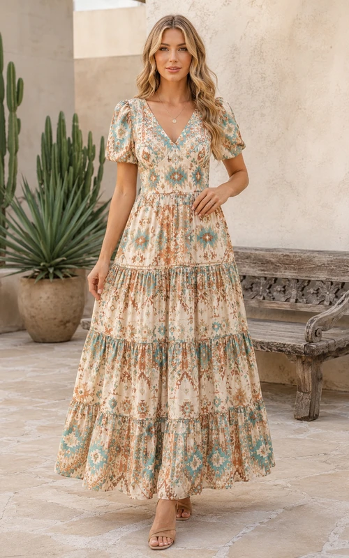 Robe longue d'invitée à manches bouffantes et col en V, imprimé aztèque doux, à volants et imprimé aztèque.