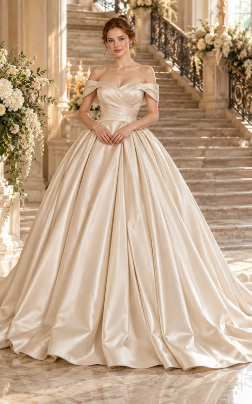 Simple Off Shoulder Champagne Satin Pleated Ball Gown Wedding Dress