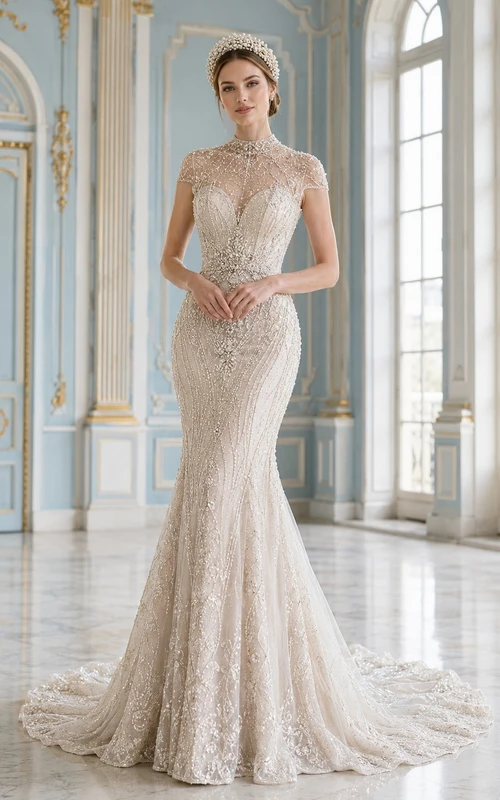 Vestido de novia clásico de tul con cola larga para ceremonia.