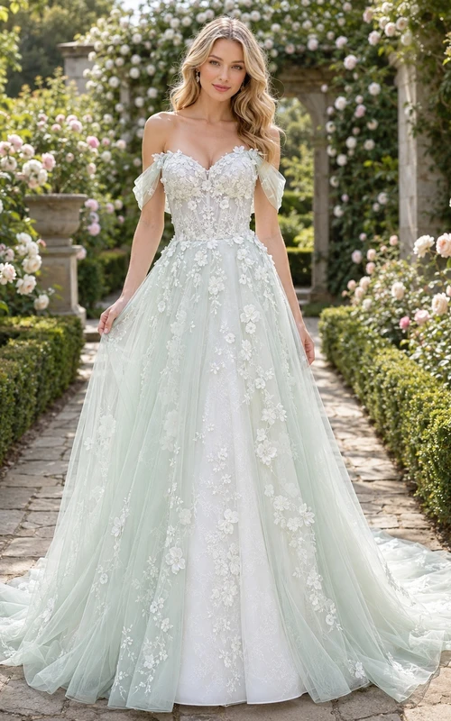 Celadonfarbenes, florales Brautkleid in A-Linie mit schulterfreiem Schnitt, kurzen Ärmeln und Kapellenschleppe – romantisch und elegant